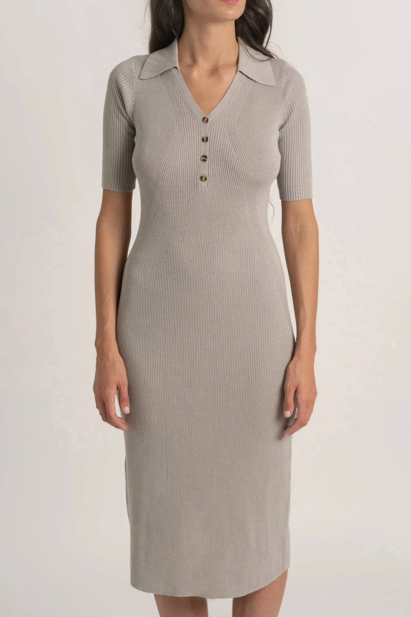 Ribbed Linen Midi Polo Dress in Pebble Grey