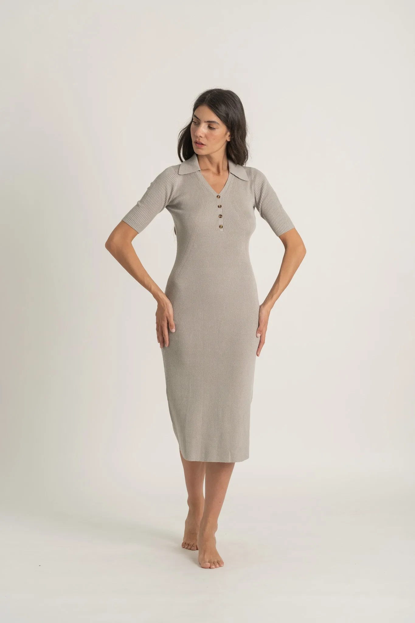 Ribbed Linen Midi Polo Dress in Pebble Grey