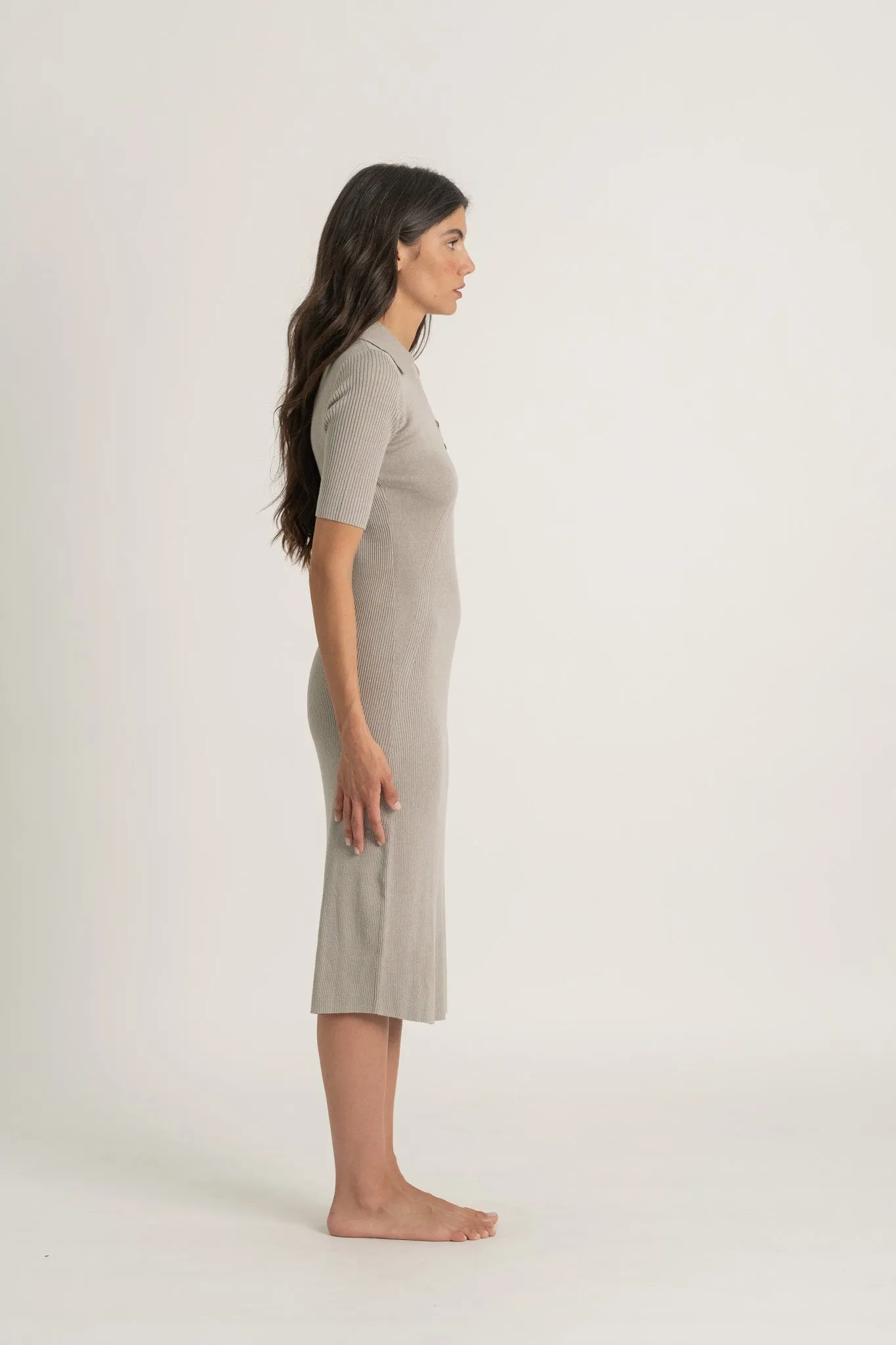 Ribbed Linen Midi Polo Dress in Pebble Grey