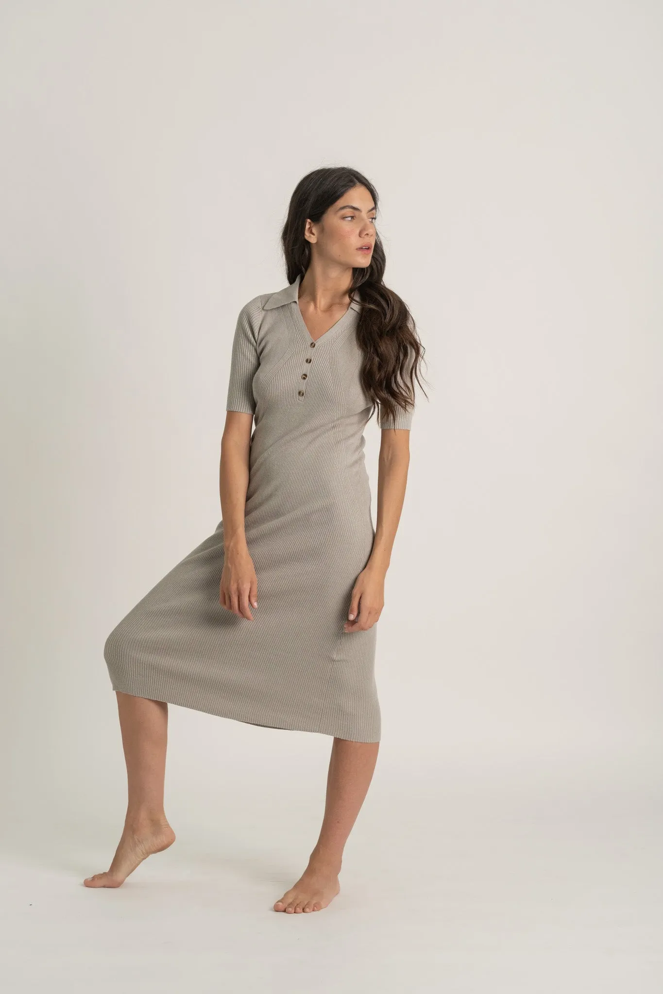 Ribbed Linen Midi Polo Dress in Pebble Grey