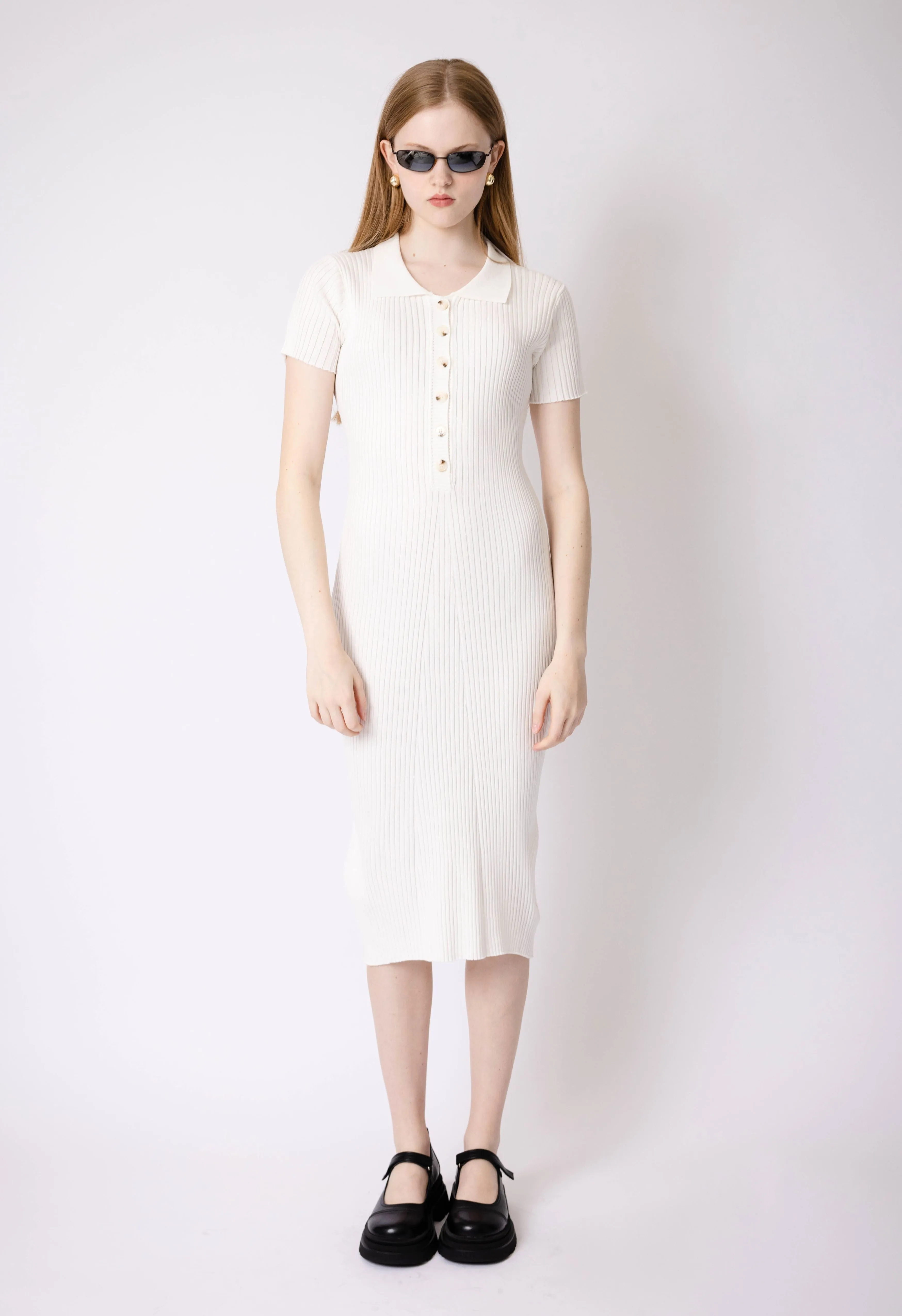 Ribbed Polo Dress in White