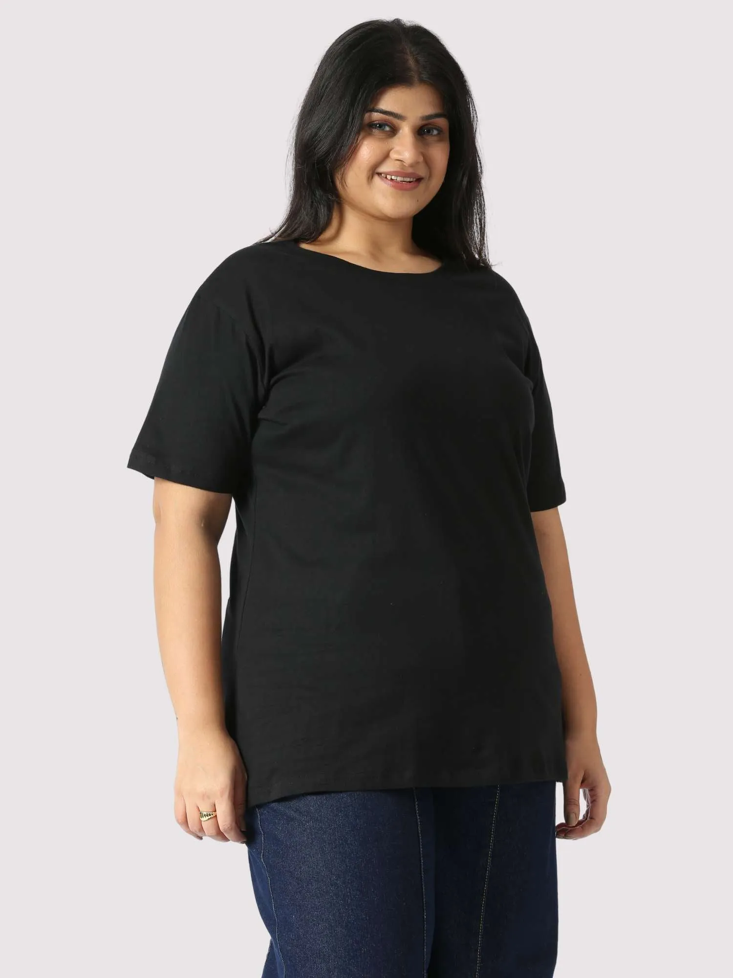 Rich Black Round Neck T Shirt Women's Plus Size