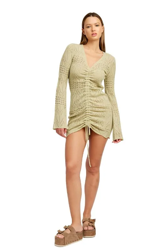 RUCHED CROCHET MINI DRESS