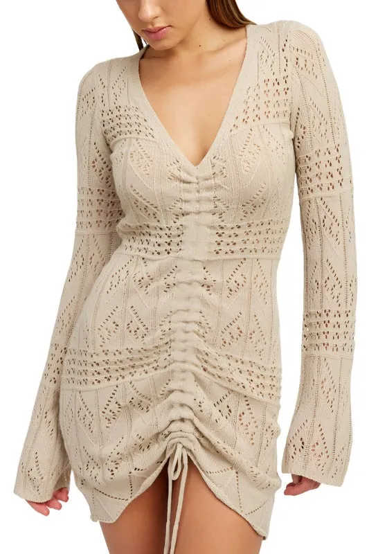 RUCHED CROCHET MINI DRESS