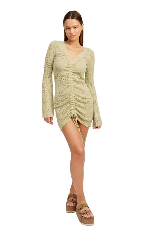 RUCHED CROCHET MINI DRESS