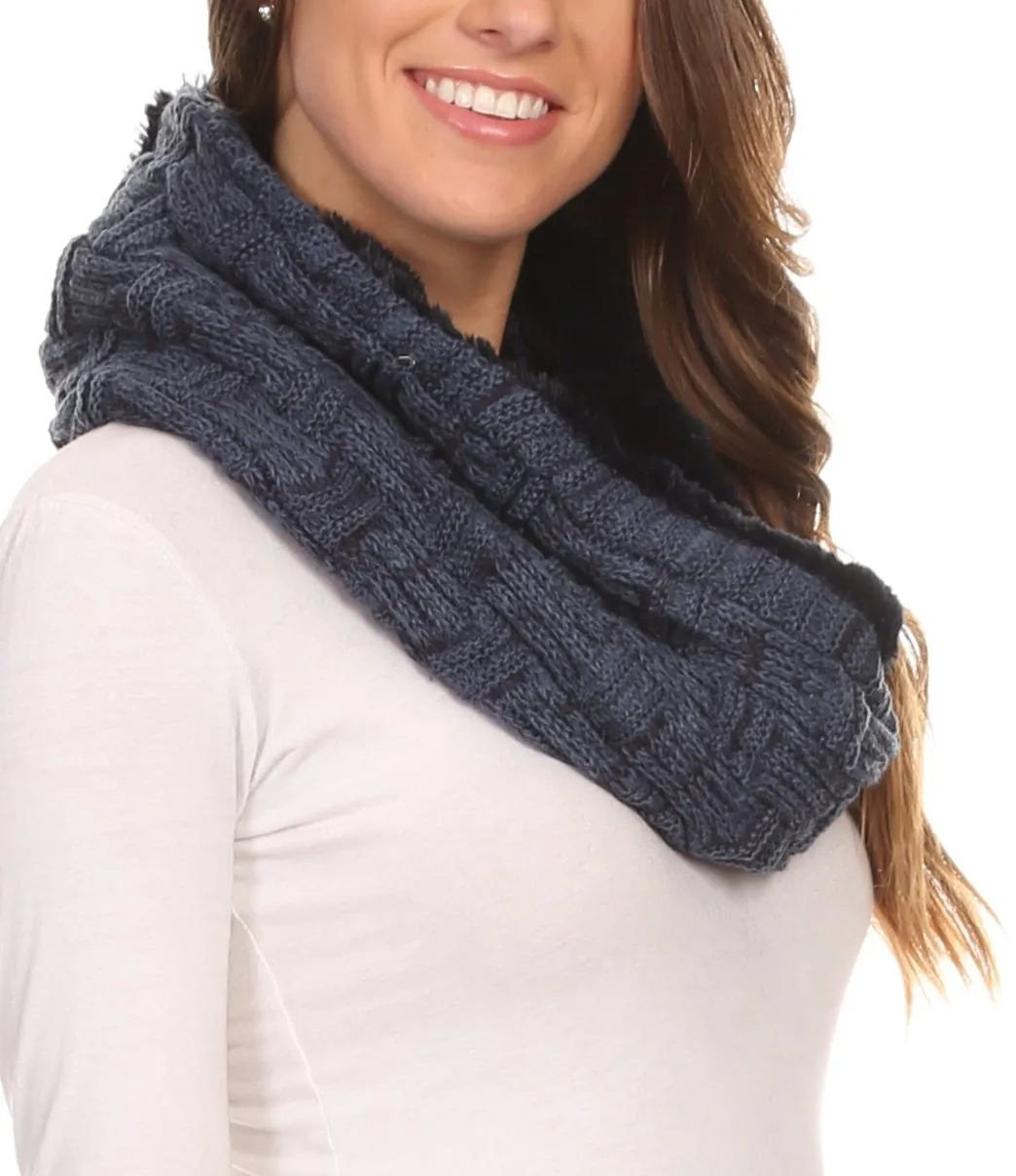 Sakkas Dalien Short Length Two Sided Faux Fur Ribbed Cable Knit Infinity Scarf