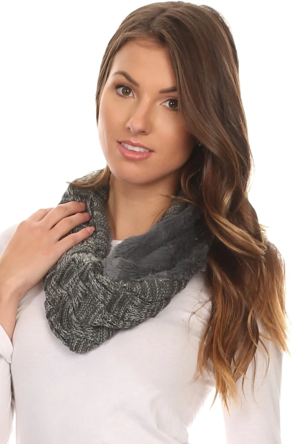 Sakkas Dalien Short Length Two Sided Faux Fur Ribbed Cable Knit Infinity Scarf