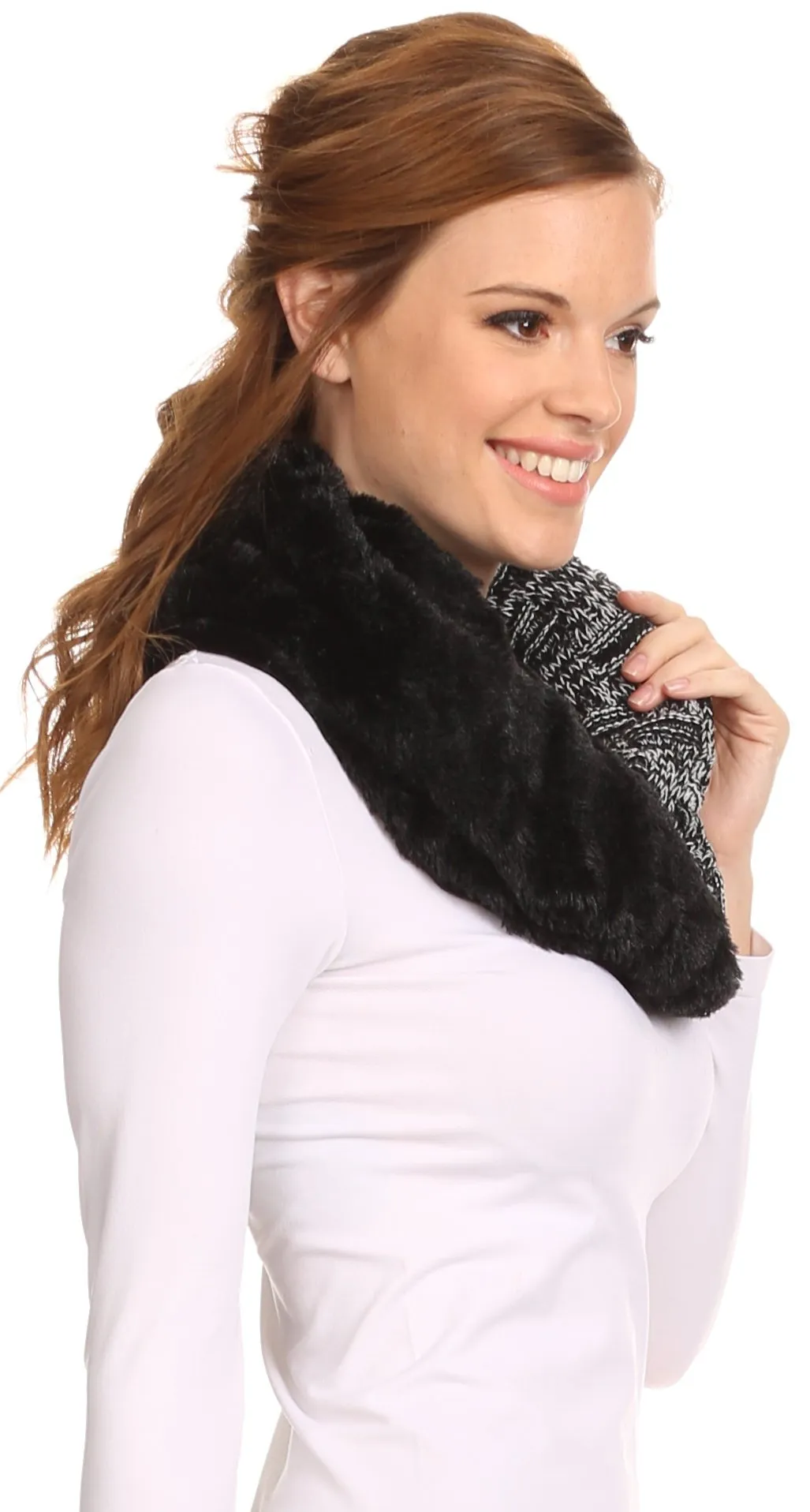 Sakkas Dalien Short Length Two Sided Faux Fur Ribbed Cable Knit Infinity Scarf