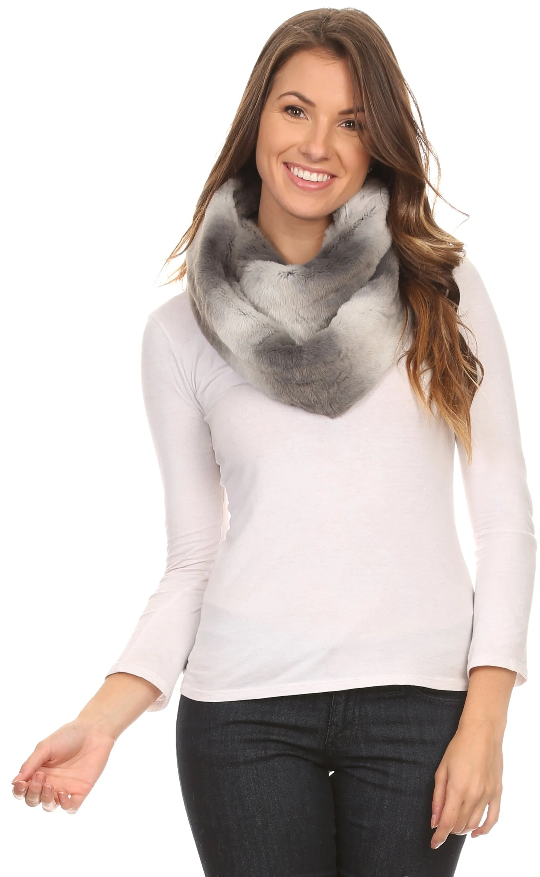 Sakkas Rhie Long Lightweight Faux Fur Ombre Colored Warm Soft Infinity Scarf