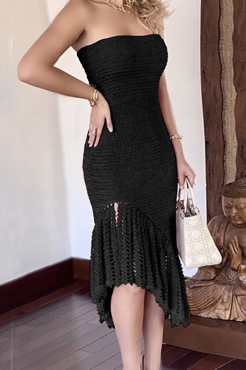 Sexy Vacation Solid Tassel Hollowed Out Asymmetrical Strapless Beach Dress Dresses