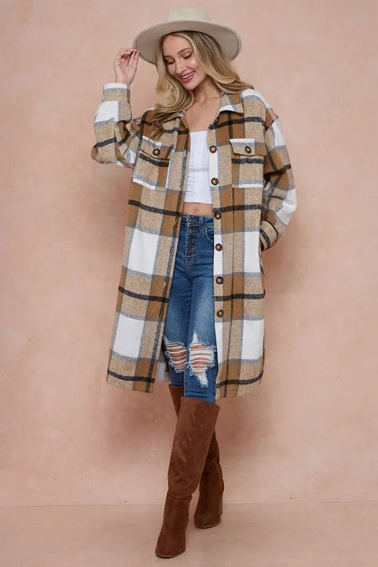 Shani Long Plaid Pattern Shacket Jacket