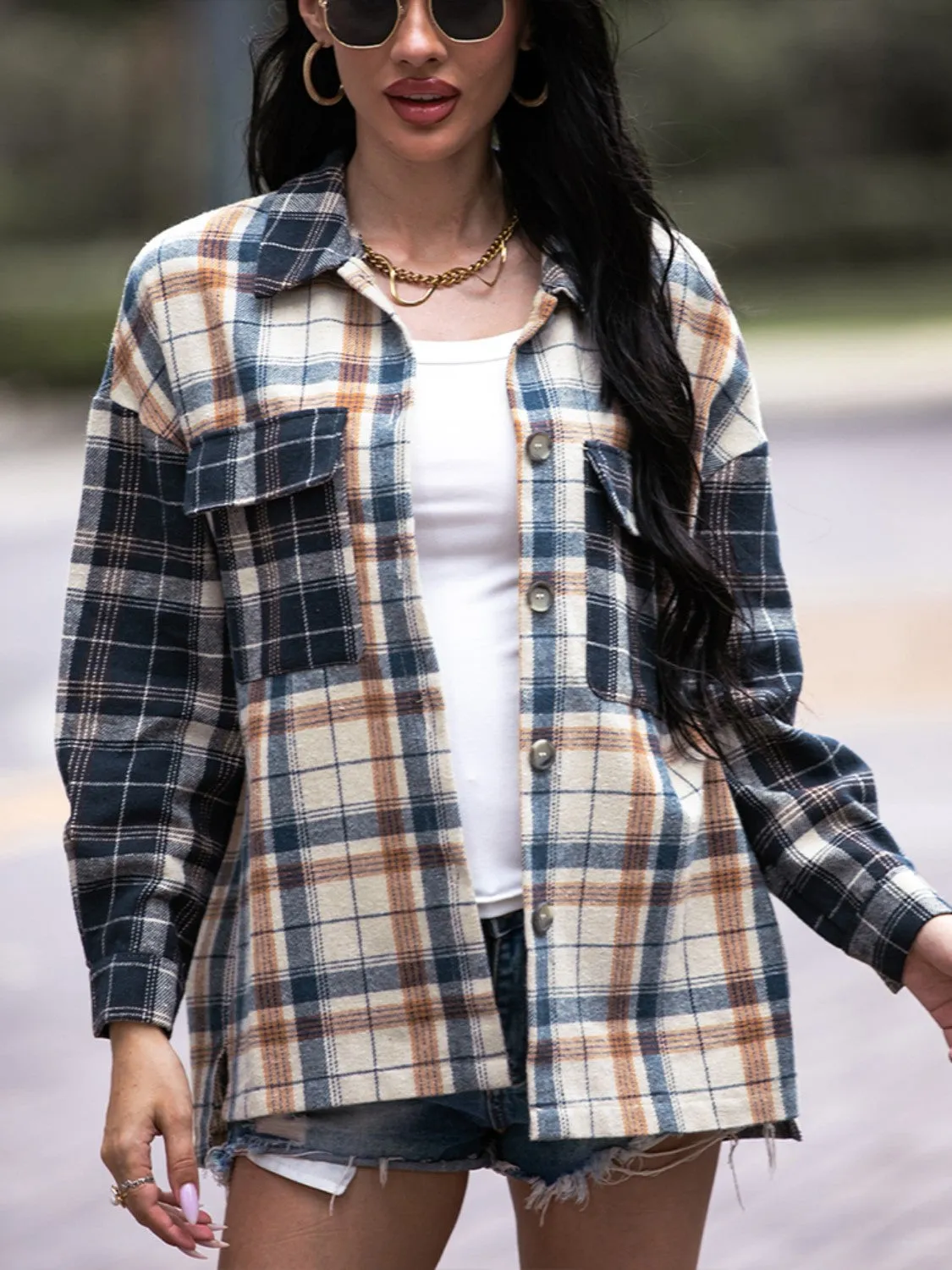 Shiny Plaid Dropped Shoulder Shacket