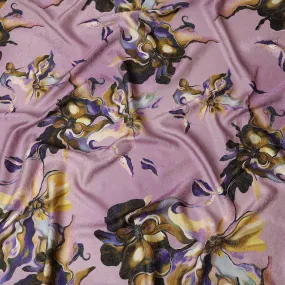 South Korean Silk Satin Fabric with Abstract Floral Design and Metallic Accents on Lilac Background – 150 cm Width-D20334