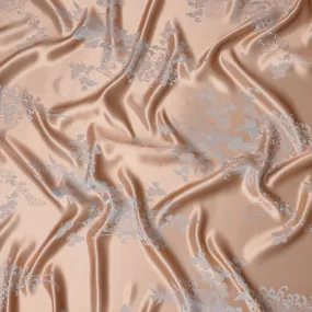 South Korean Silk Satin Jacquard Fabric with Intricate Floral Design in Soft Peach and Silver – 110 cm Width-D20350