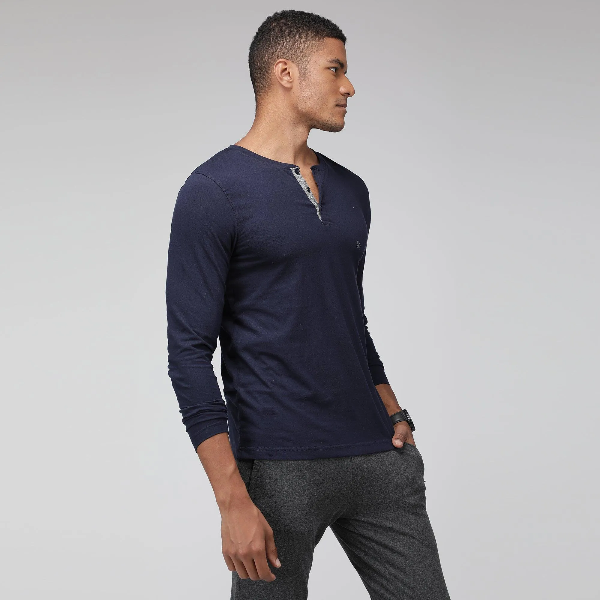 Sporto Men Henley Neck Full Sleeve T-Shirt - Denim Navy