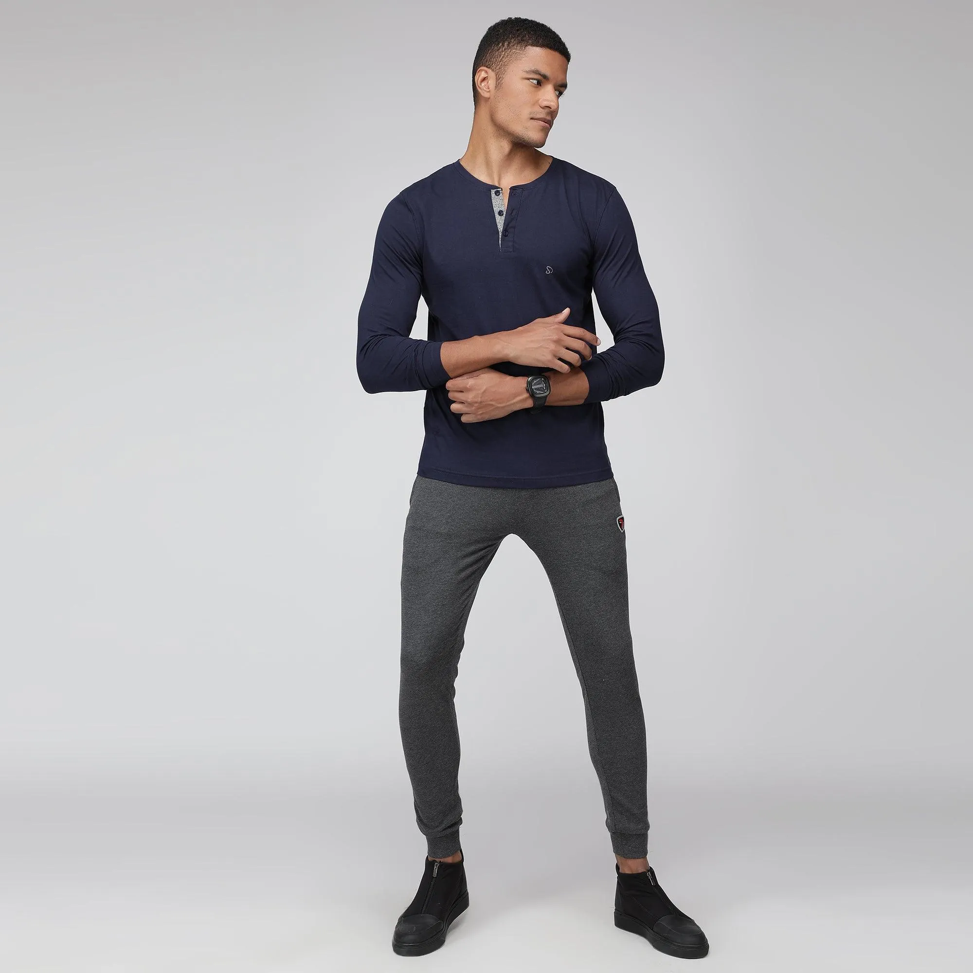 Sporto Men Henley Neck Full Sleeve T-Shirt - Denim Navy