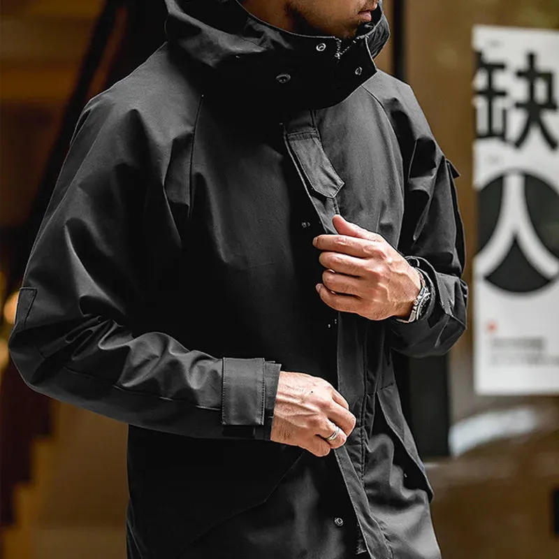 Sports Hooded Jacket for Men - Black Windbreaker Trench Coat - Casual Long Jackets