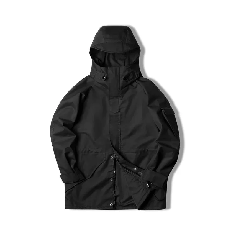 Sports Hooded Jacket for Men - Black Windbreaker Trench Coat - Casual Long Jackets