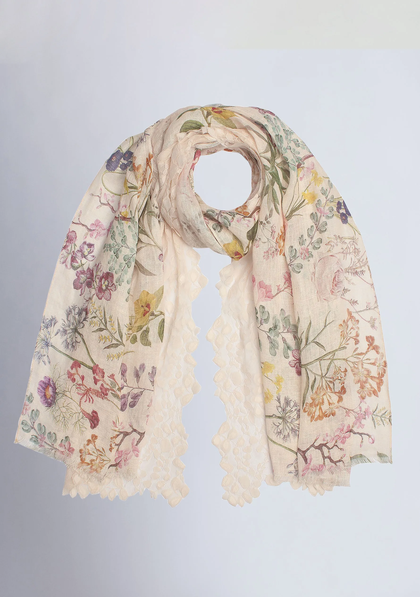 Spring Linen printed Scarf with a Beige Bold Leaf Lace