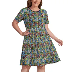 Stained Glass Characters Women's Round Neck Plus Size Dress With Pockets