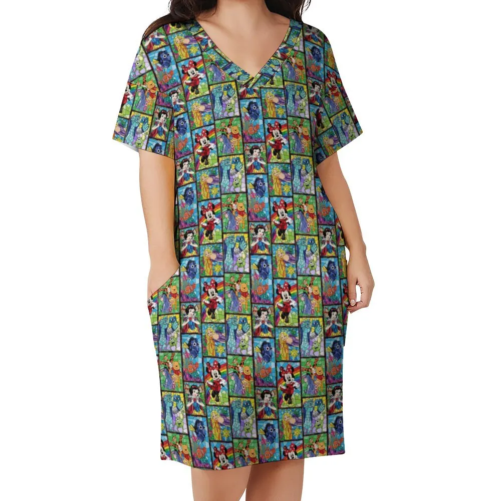 Stainted Glass Characters Women's V-neck Loose Dress With Pockets