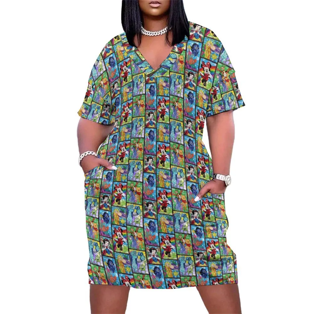 Stainted Glass Characters Women's V-neck Loose Dress With Pockets