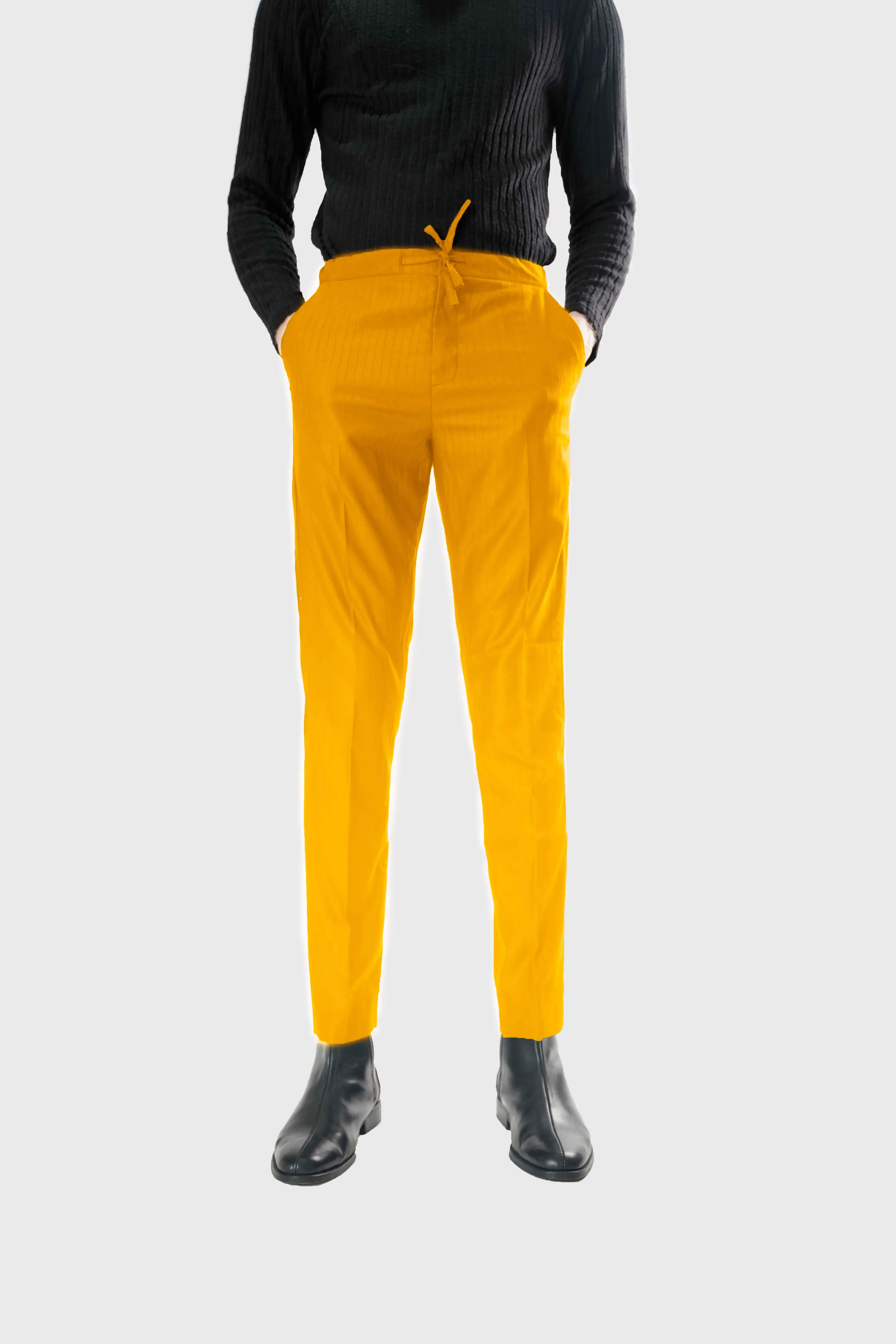 Standard Length Three Quarter Sleeve Wool Pants in Double Gold Pinstripe