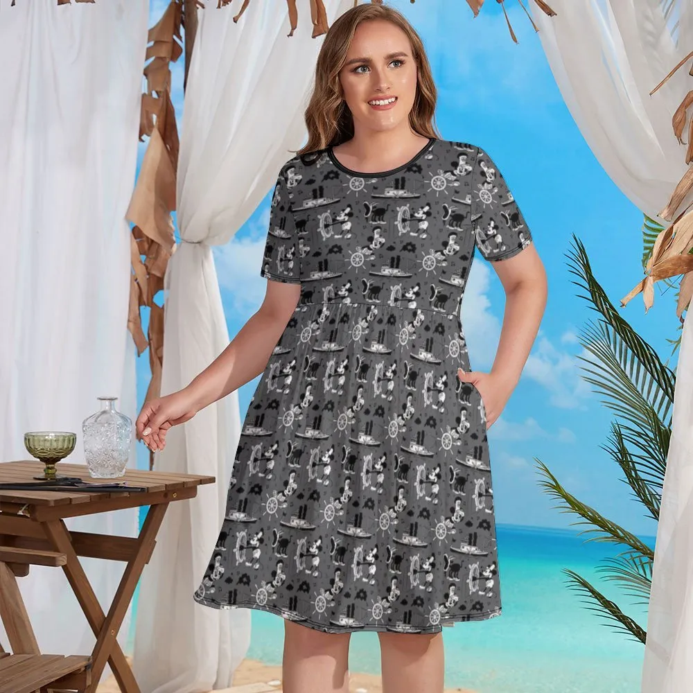 Steamboat Mickey Women's Round Neck Plus Size Dress With Pockets