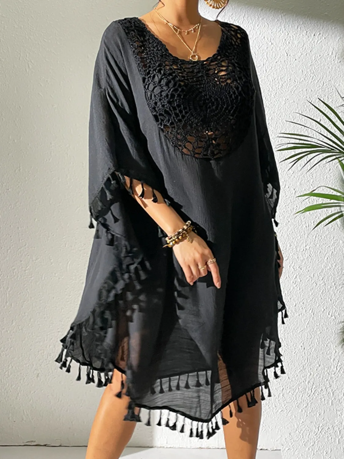 Tassel Cutout Scoop Neck Cover-Up Dress