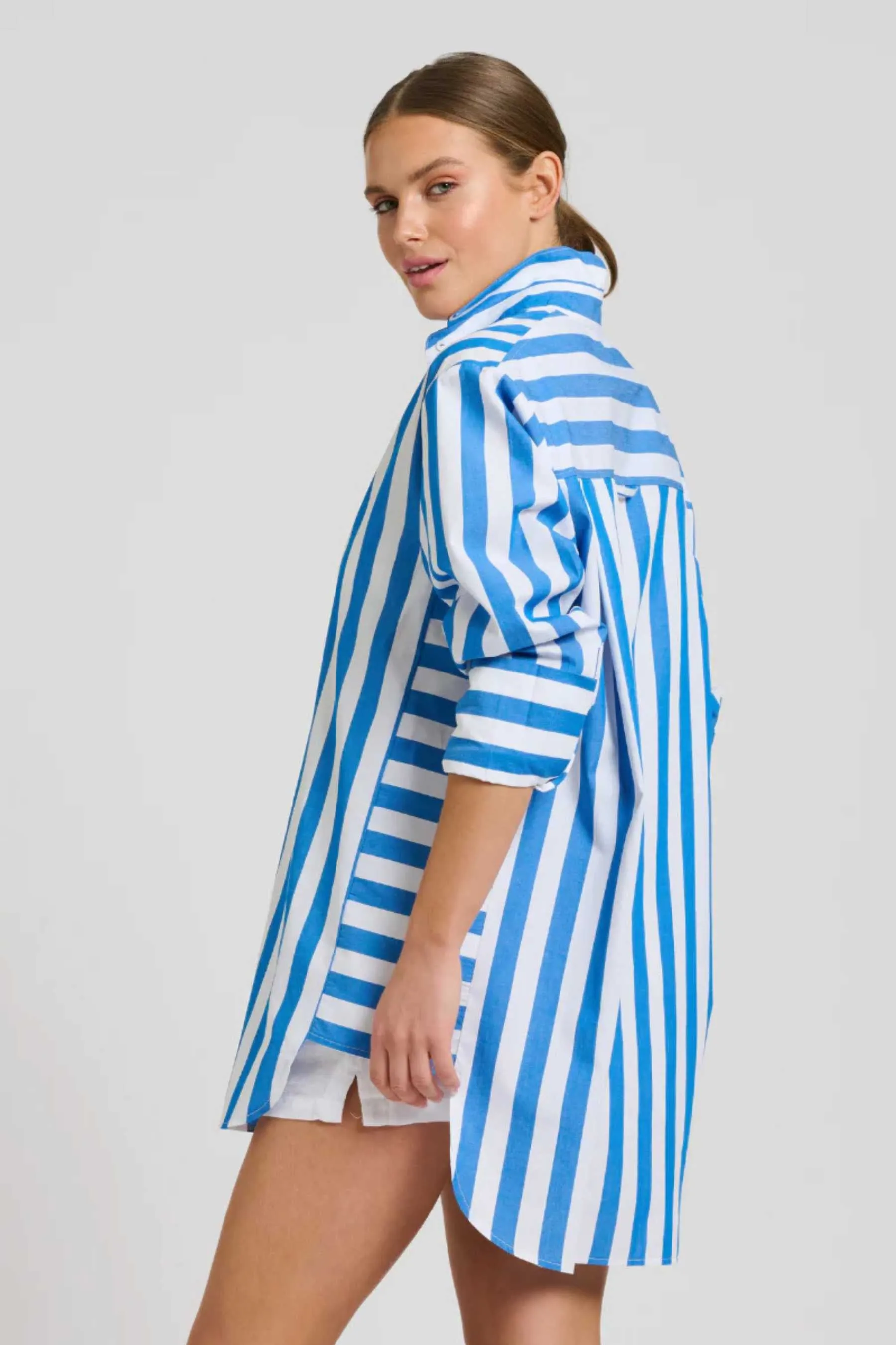 The Andrea Oversized Boyfriend Shirt | Mid Blue Wide Stripe