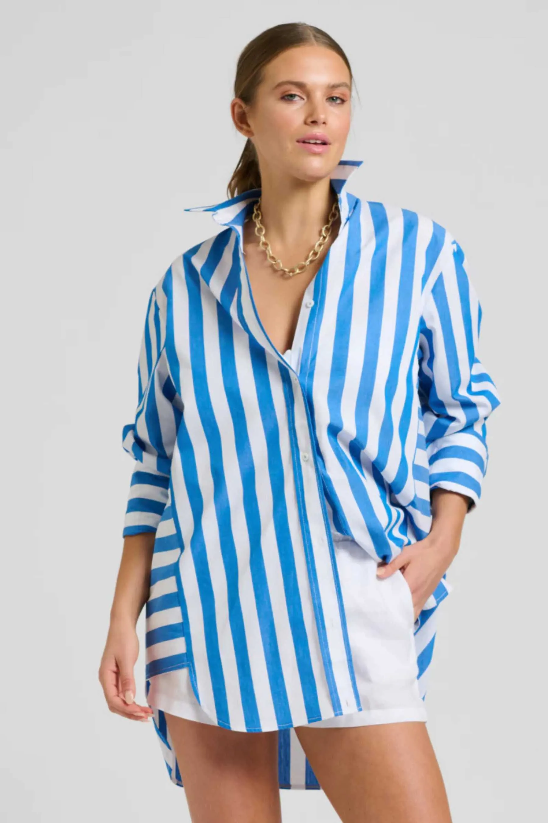 The Andrea Oversized Boyfriend Shirt | Mid Blue Wide Stripe