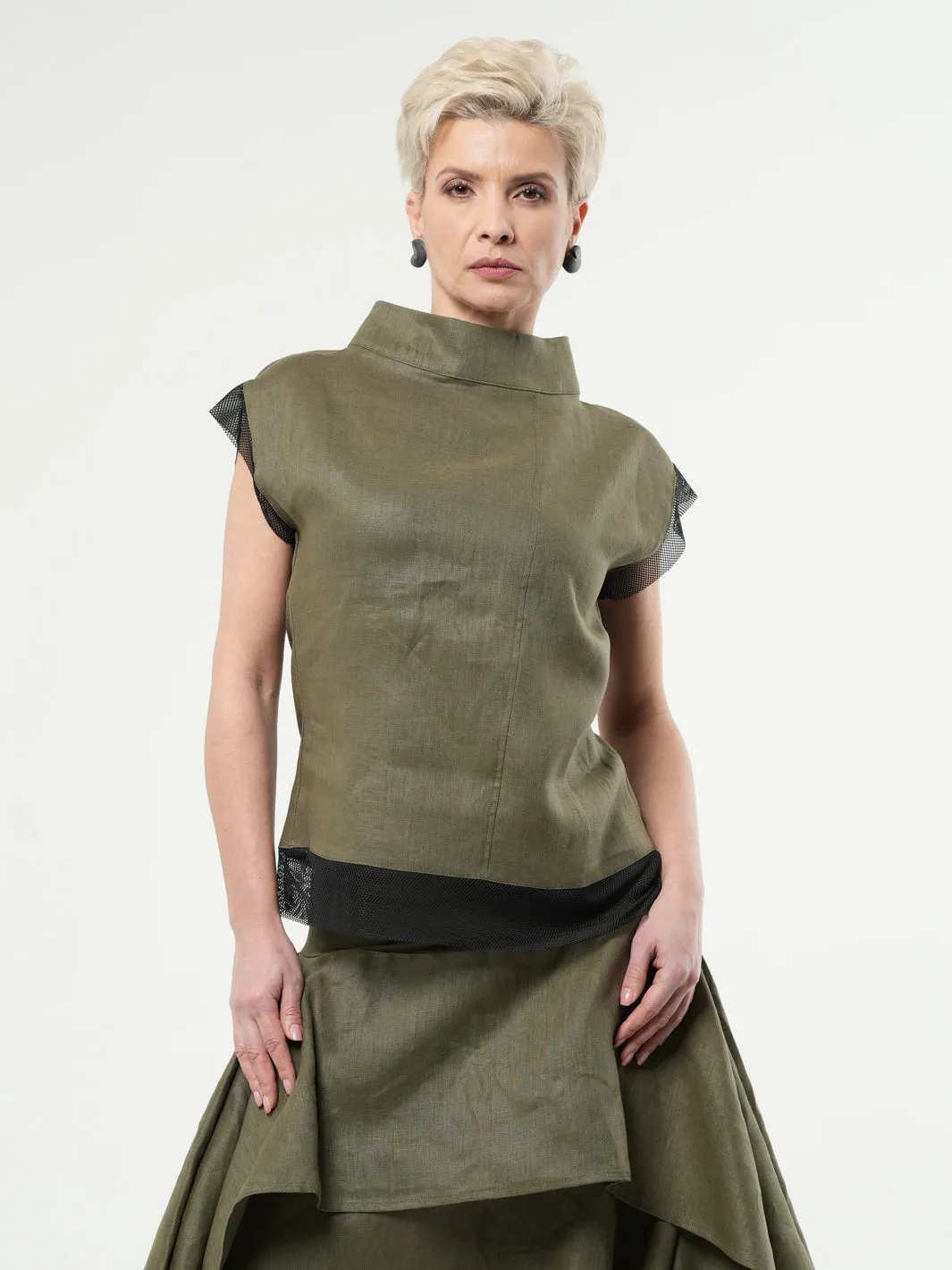 Turtleneck Linen Top In Khaki