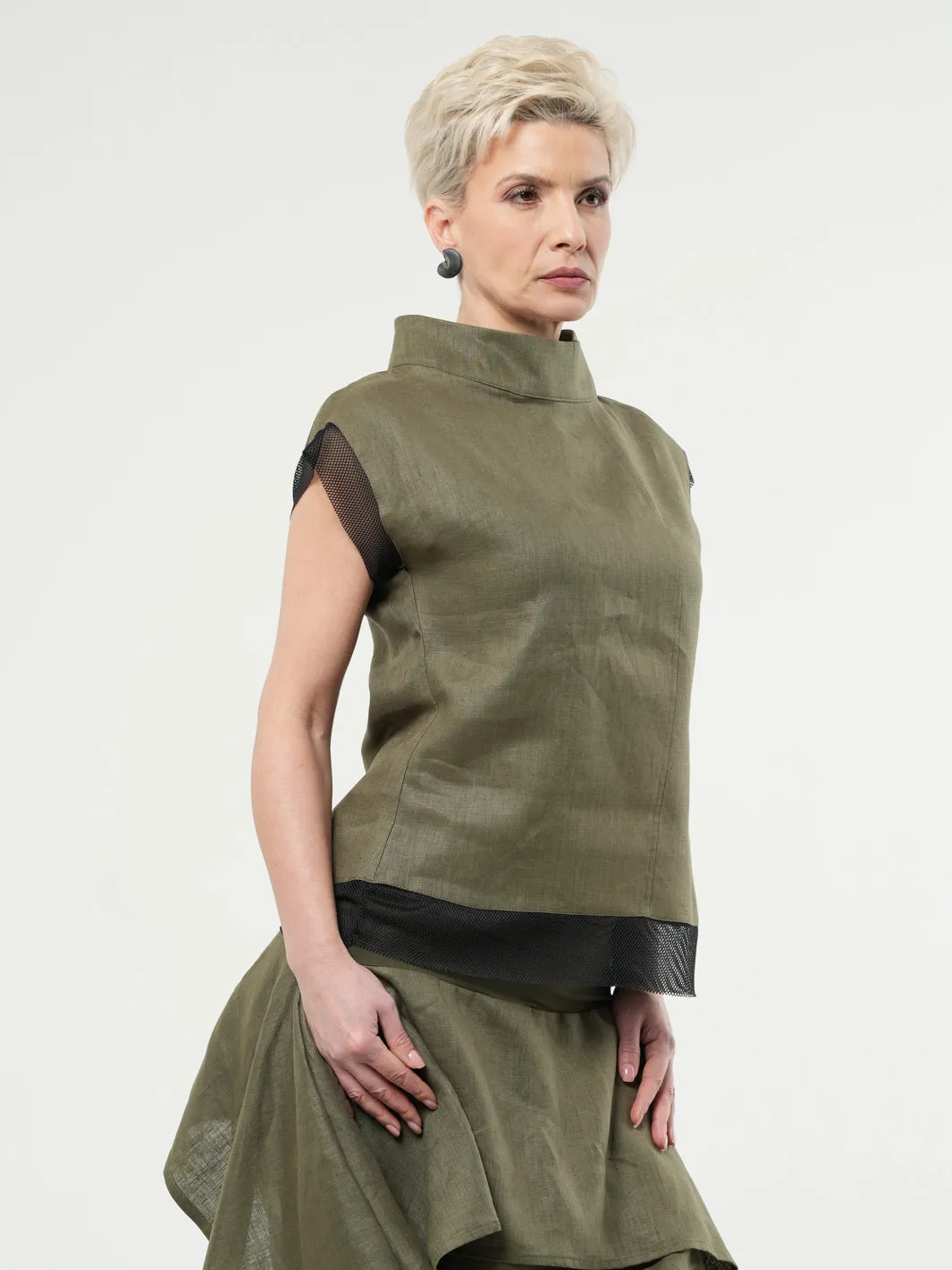 Turtleneck Linen Top In Khaki