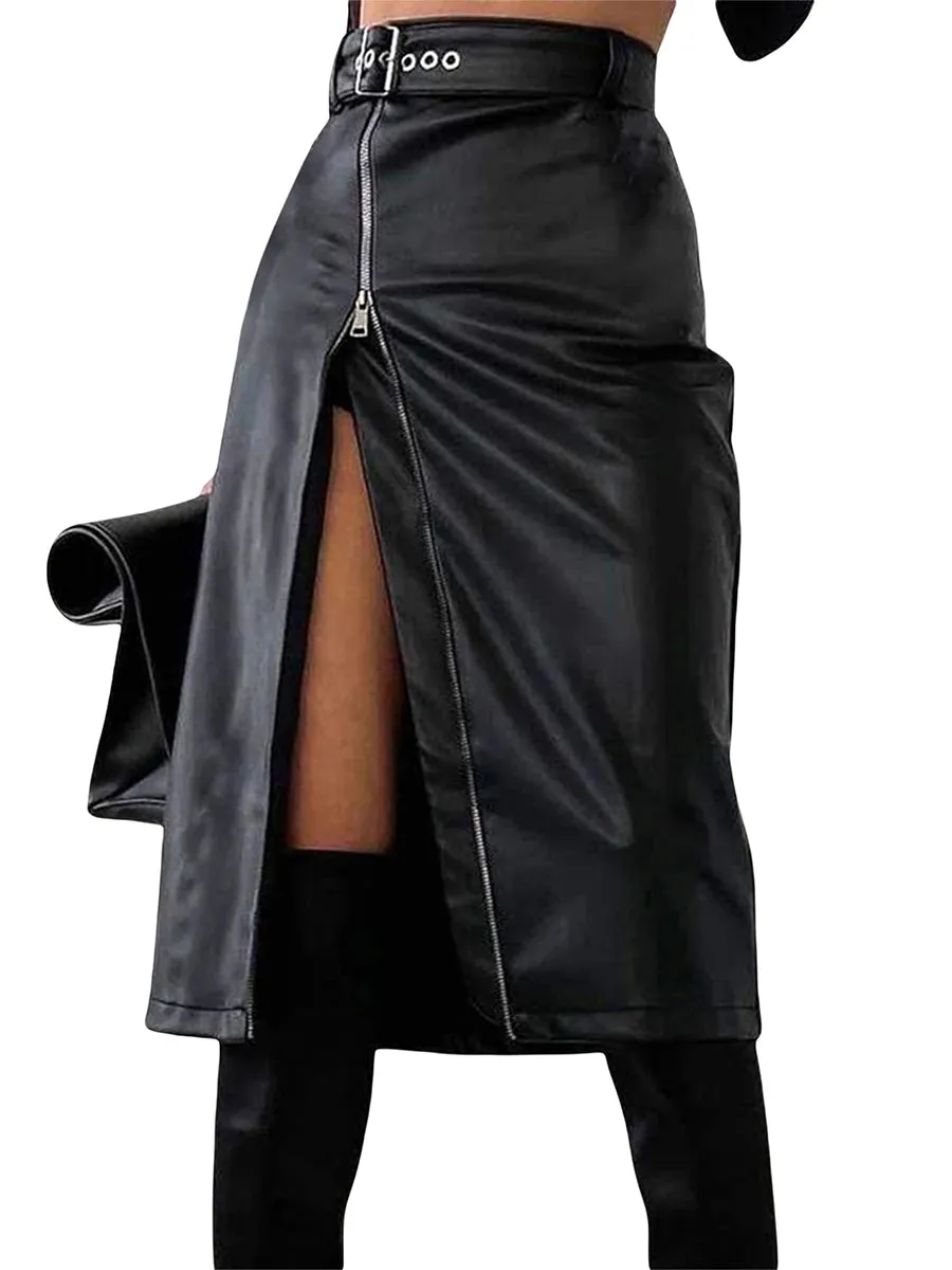 Uniwim 2024 Autumn Winter Black Pencil Skirts Women Pu Leather Sexy High Waist Split With Belt Midi Skirt Bodycon Party