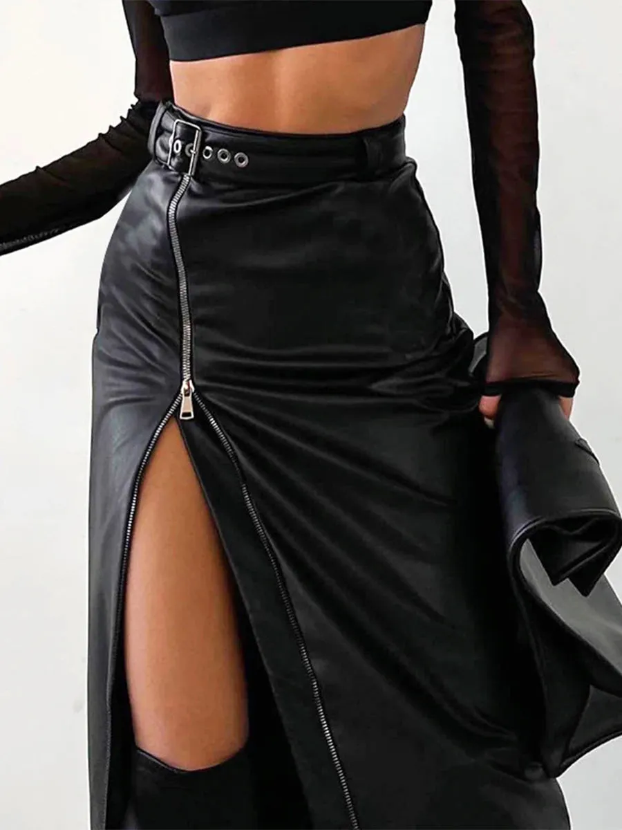 Uniwim 2024 Autumn Winter Black Pencil Skirts Women Pu Leather Sexy High Waist Split With Belt Midi Skirt Bodycon Party