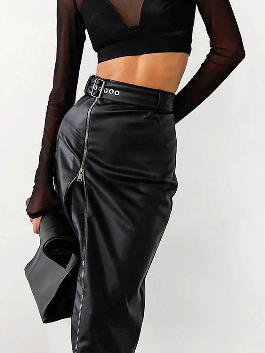 Uniwim 2024 Autumn Winter Black Pencil Skirts Women Pu Leather Sexy High Waist Split With Belt Midi Skirt Bodycon Party