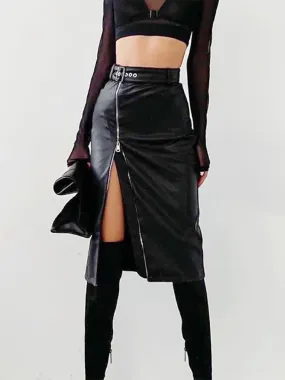 Uniwim 2024 Autumn Winter Black Pencil Skirts Women Pu Leather Sexy High Waist Split With Belt Midi Skirt Bodycon Party