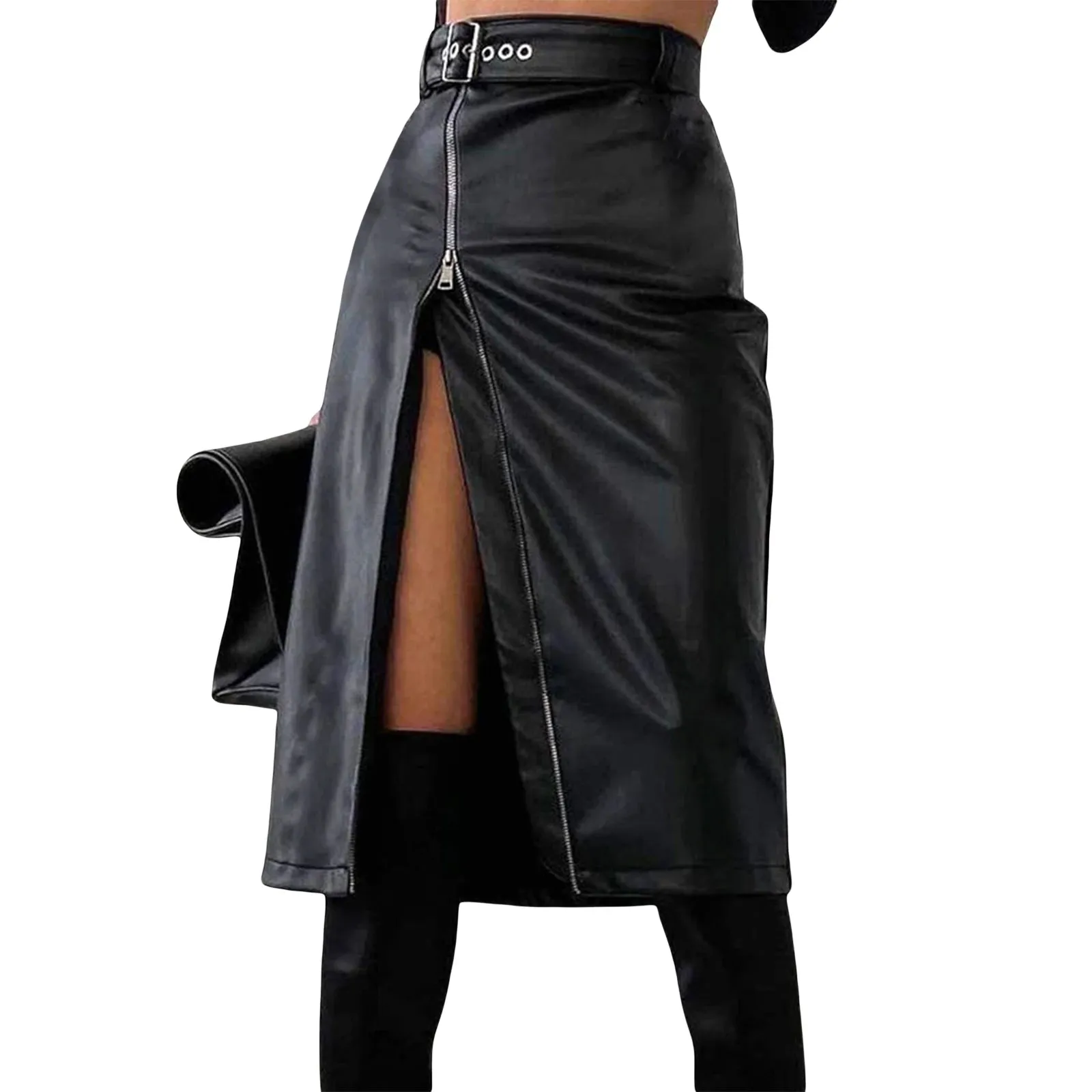 Uniwim 2024 Autumn Winter Black Pencil Skirts Women Pu Leather Sexy High Waist Split With Belt Midi Skirt Bodycon Party