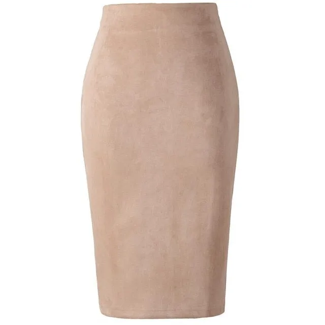 VenusFox Suede Basic Bodycon Multi Color Pencil Midi Skirt