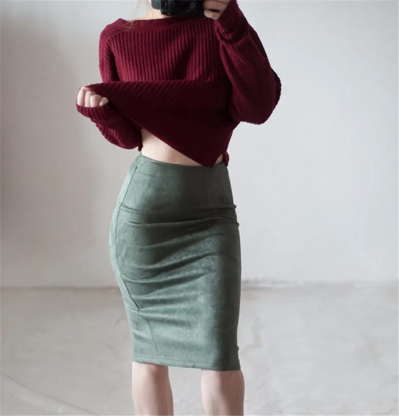 VenusFox Suede Basic Bodycon Multi Color Pencil Midi Skirt