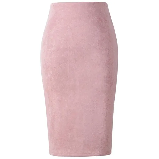 VenusFox Suede Basic Bodycon Multi Color Pencil Midi Skirt