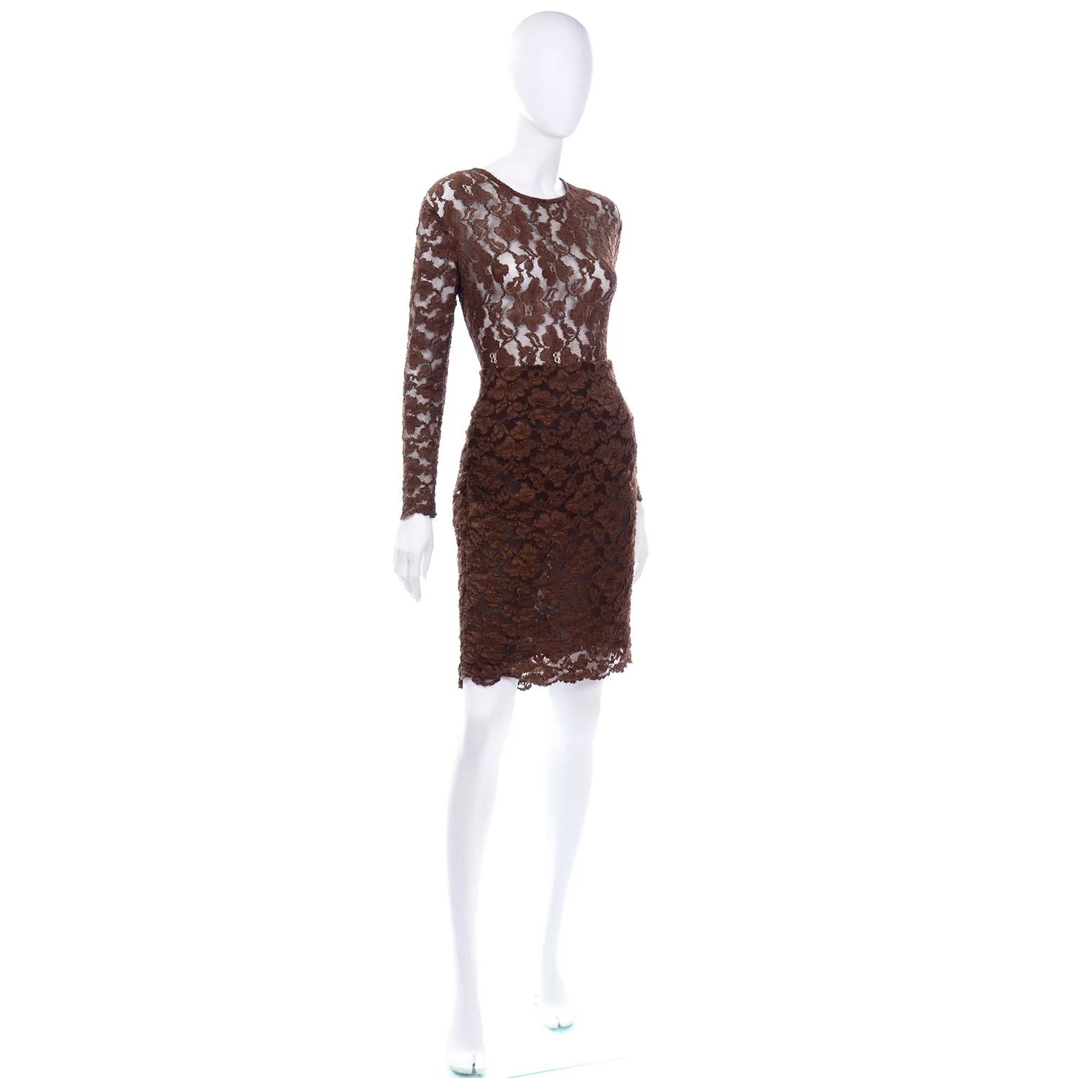 Vintage Bill Blass Dress Brown Lace Bodysuit and Skirt Evening Outfit