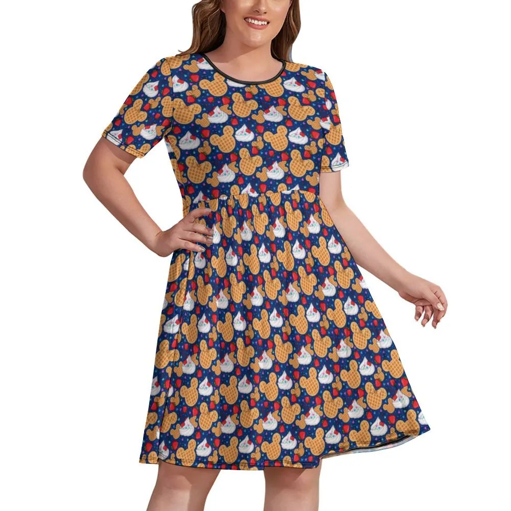 Waffles Women's Round Neck Plus Size Dress With Pockets