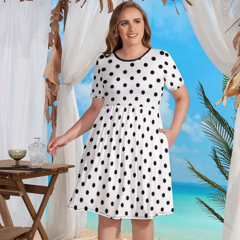 White With Black Polka Dots Women's Round Neck Plus Size Dress With Pockets