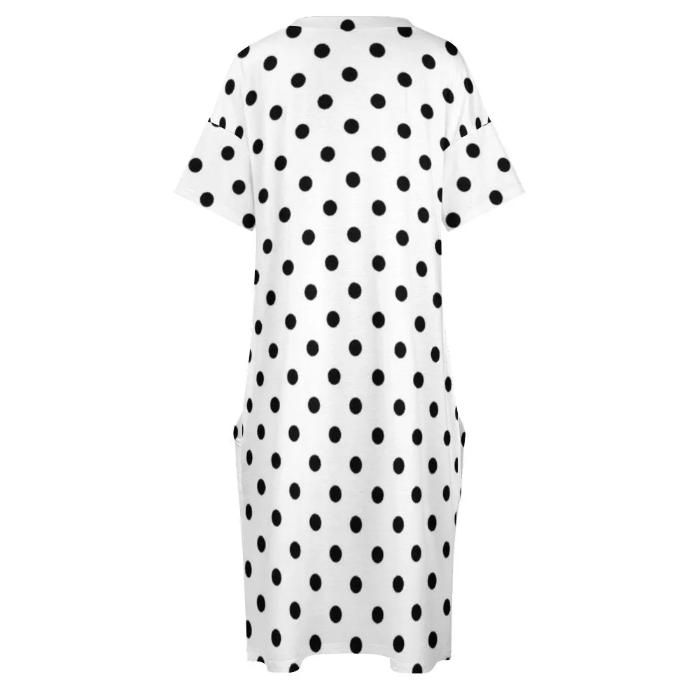 White With Black Polka Dots Women's V-neck Loose Dress With Pockets