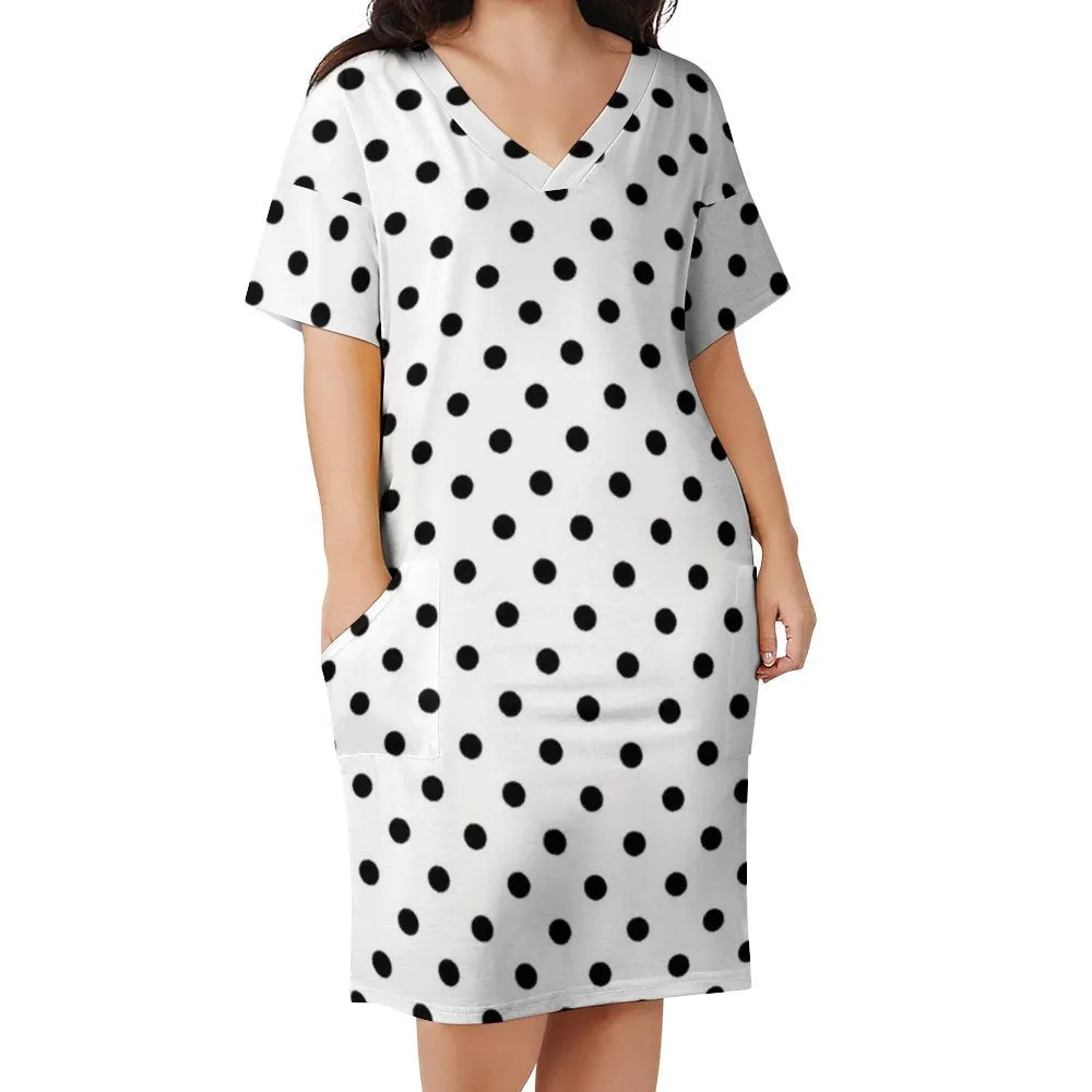 White With Black Polka Dots Women's V-neck Loose Dress With Pockets