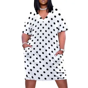 White With Black Polka Dots Women's V-neck Loose Dress With Pockets