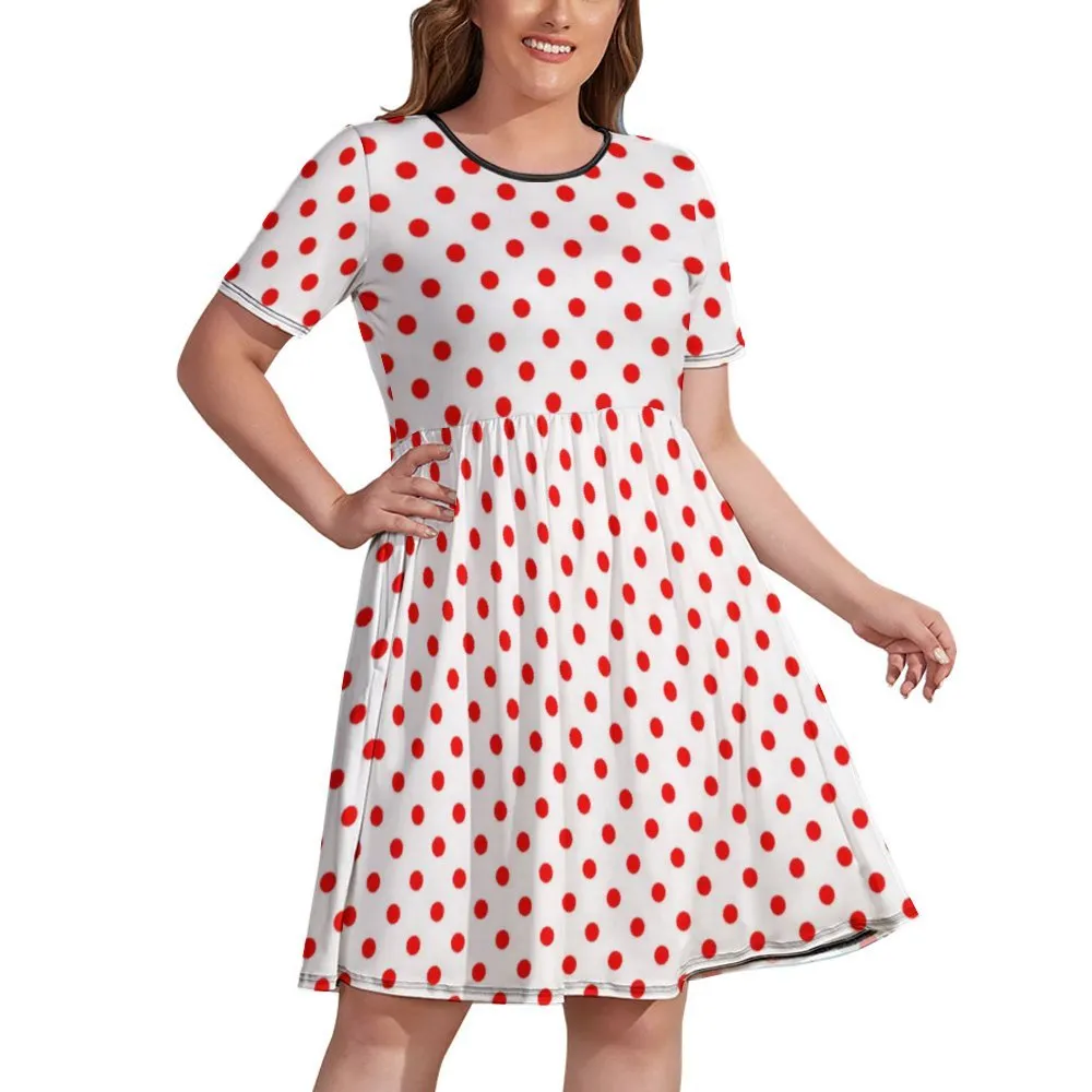 White With Red Polka Dots Women's Round Neck Plus Size Dress With Pockets