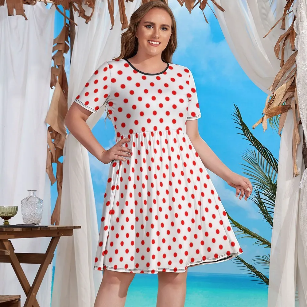 White With Red Polka Dots Women's Round Neck Plus Size Dress With Pockets