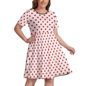 White With Red Polka Dots Women's Round Neck Plus Size Dress With Pockets